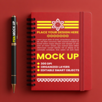 Stylish spiral notebook red maroon cover mock up showing notepad and binder for paper and corporate use psd