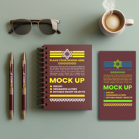 Notebook paper diary and spiral notepad mock up with spring binder and corporate cover psd