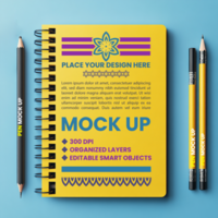 Spring stationery with spiral notebook cover and corporate paper binder and notepad mock up psd