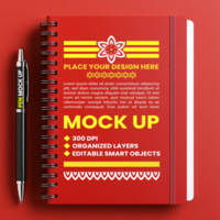Notepad and spiral notebook red maroon cover mock up with spring binder design for corporate stationery psd