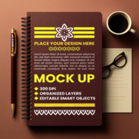 Notebook with spiral notebook cover and diary mock up using binder rings and corporate paper psd