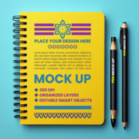 Paper spiral notebook and stationery cover mock up with binder and corporate spring notepad psd
