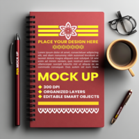 Spiral notebook maroon cover template in mock up format with paper note pad and spring binder diary psd
