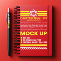 Stylish diary in spiral notebook maroon cover mock up with spring notebook binder and notepad paper psd