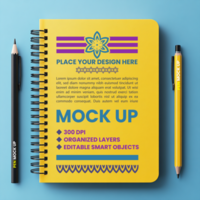 Spring spiral notebook mock up with binder cover and corporate stationery notepad and paper psd