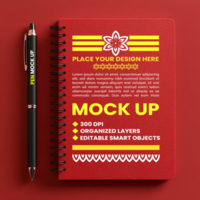 Spiral red maroon notebook mock up with spring notepad binder and corporate stationery paper collection psd