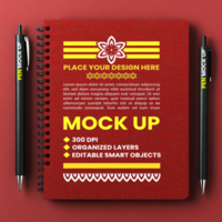 Spiral notebook mock up and binder with corporate stationery paper notepad and red maroon cover design psd