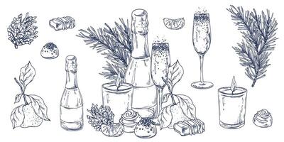 Christmas collection with tangerines, sweets, spices, champagne and plants. Graphic illustration hand drawn in black ink. A set of separate isolated elements of objects EPS . vector