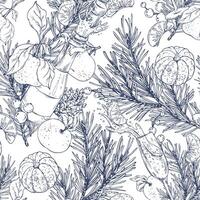 Tangerines with pine branches and cones, champagne in bottles and glasses. Hand drawn Graphic illustration hand drawn in black ink. Seamless pattern EPS . vector