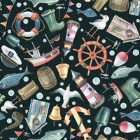Lighthouse, ships, steering wheels, anchors, fish and objects on the topic of SEA FISHING. Watercolor illustration. Seamless pattern on a white background. For the decoration and design of prints. vector