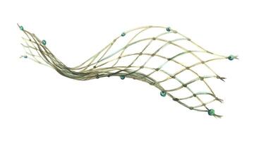 Brown fishing net with green floats, curved by a wave. Watercolor illustration hand-drawn on the theme of sea and fishing. Separate decorative element isolated from the background vector
