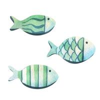 Small round fishes of simple shape with rustic patterns in blue and turquoise colors. Watercolor illustration hand drawn on the theme of sea and fishing. Set of elements isolated from the background vector