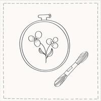 illustration of hoop with embroidered flower bouquet of violets, floss threads and material with hand stitches. Concept for hand made studios, birthday card, congratulations spring holidays vector