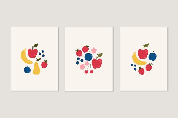 Posters with Fruits harvest. Border Cards with bananas, plums, blueberries, strawberries, cherries, pears, apples, flowers. Design for printing, menu, wallpaper, template. Food, summer, fruity