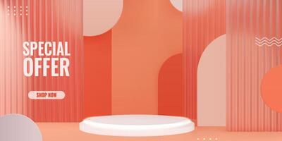 3D podium scene with reeded translucent glass. Elegant white product platform on orange background with geometric shapes. Abstract back in orange hues for promotion and sales vector