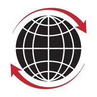 Global Connectivity A black globe encircled by red arrows symbolizing worldwide communication. vector