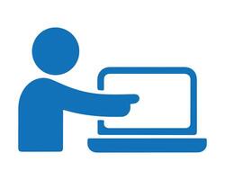 Person pointing at a laptop icon, representing online learning or assistance. vector