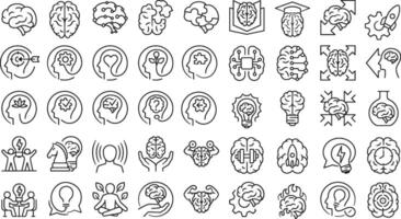 Brain icon set featuring head, thinking, mind, intelligence, brainstorming, neuron, cognition, etc. vector
