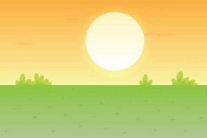 A cartoon sun setting over a field with grass and trees vector