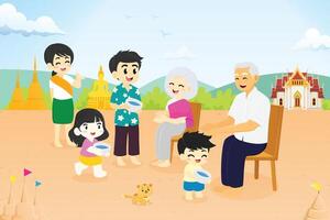 A family is sitting on a chair in front of a temple vector