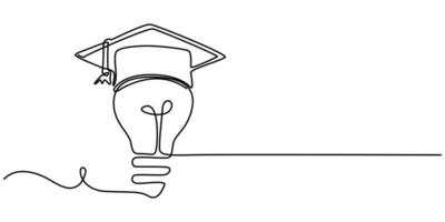 Continuous single one line sketch drawing of bulb lamp idea graduation student college hat cap vector