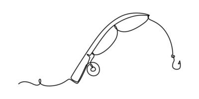 Continuous one line drawing of a fish on a rod. Fishing hobby concept Simple illustration vector