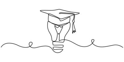 One continuous line drawing of Light Bulb with Graduation Hat vector