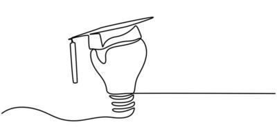 One single line drawing of bright lightbulb wearing graduation cap vector