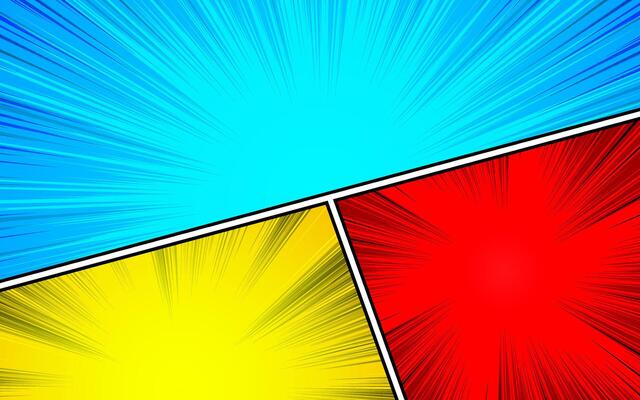 Comic book page composition with halftone radial lines effect in various bright colors in pop art style.