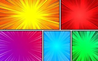 Comic book page template with colorful frames divided by lines with rays, radial, halftone effects, in pop art style. vector