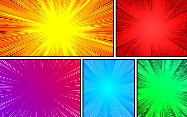 Comic book page template with colorful frames divided by lines with rays, radial, halftone effects, in pop art style.