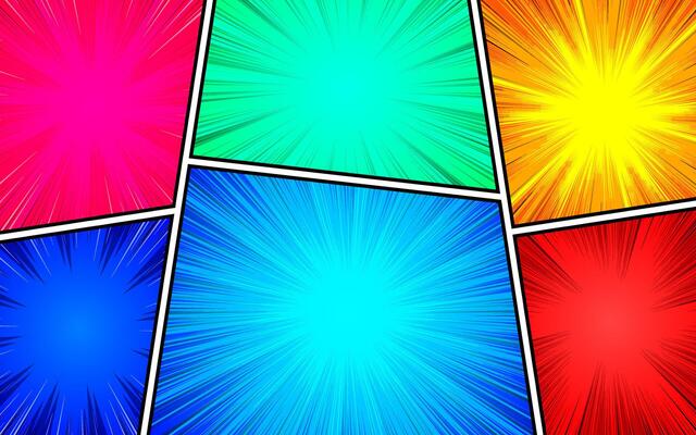 Pop art style comic book page template. Colorful background with radial and halftone effects.