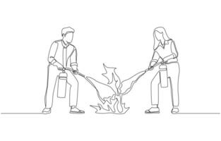 Continuous one line drawing of two employees practicing to use a fire extinguisher to put out fire, company fire drill concept, single line art vector