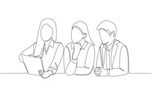 Continuous one line drawing of businesswoman asking coworkers for advice about work, business team communication concept, single line art vector
