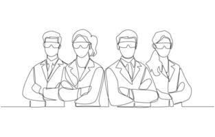 Continuous one line drawing of expert scientists standing with arms crossed in confidence, scientists team in lab concept, single line art vector