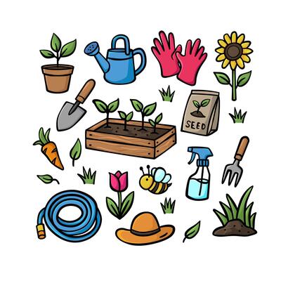 Set of Handdrawn Colorful Garden Doodle Set with Tools, Plants, Flowers, and Farming Elements
