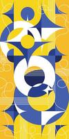 Composition with simple overlaps geometric shapes, circles and stars, abstract banner. Print a sample. Bauhaus style pattern. Blue yellow bright colors background vector