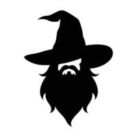 Black silhouette of a wizard with long beard and pointed hat. Perfect for fantasy themes, logos, stickers, tattoos, or magical illustrations. vector