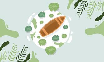 An illustration of a canoe surrounded by leaves and plants vector