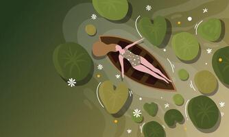 A woman floating in a boat surrounded by lily pads vector
