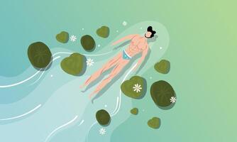 A man floating in the water with lily pads vector