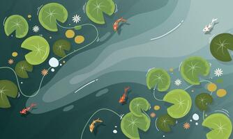 Koi fish in the pond with lily pads and water lilies vector