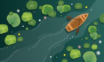A boat floating on the water surrounded by lily pads vector