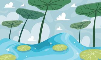 Water lily pond with trees and clouds vector