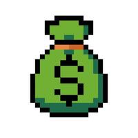 Pixel art icon of green money bag in retro style. Ideal for retro-themed games, dashboards, presentations, or financial apps. Isolated on white background. vector