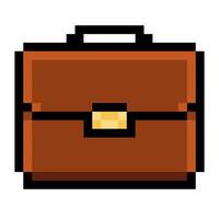 A pixel art style icon of a brown business briefcase with a black handle and a golden clasp. Perfect for retro games, mobile apps, websites, or presentation design. Isolated on white background. vector