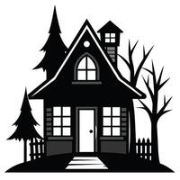 black silhouette of a house with trees on a white background, vector
