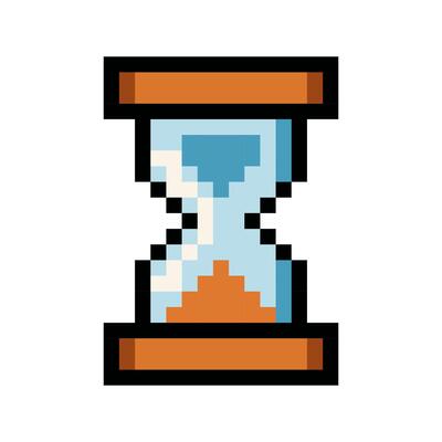 Pixel art illustration of an hourglass with orange sand. Classic retro timer design perfect for 8-bit style games, time management apps, productivity dashboards, and minimalist UI interfaces