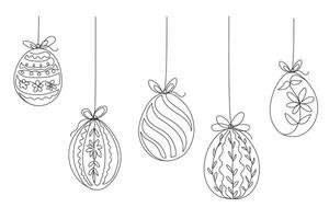 Easter eggs with ornaments hanging on threads. Hand-drawn doodle outline composition for banners, greeting cards, social networks template. vector