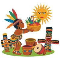 A cartoon native american man is holding a basket with fruits and drums vector